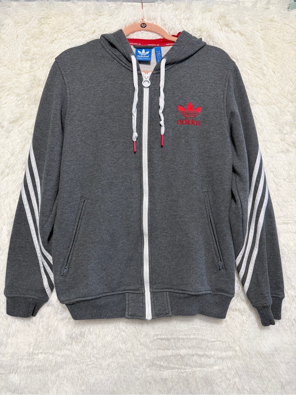 Adidas Mens Original Zip-up Hoodie M Grey Red White Iconic 3 Stripes Streetwear